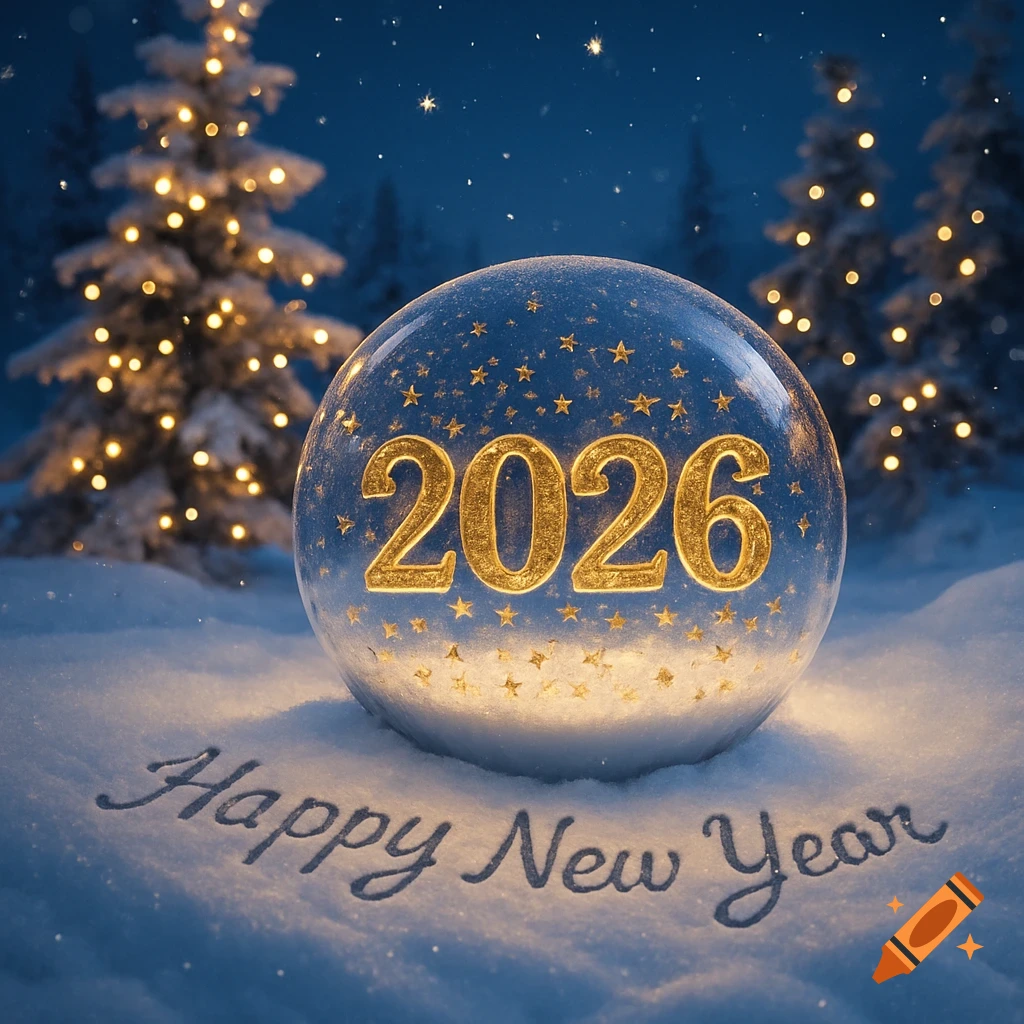 A snow globe with '2026' inside sits in snow with 'Happy New Year' written on it, against a backdrop of glowing Christmas trees.