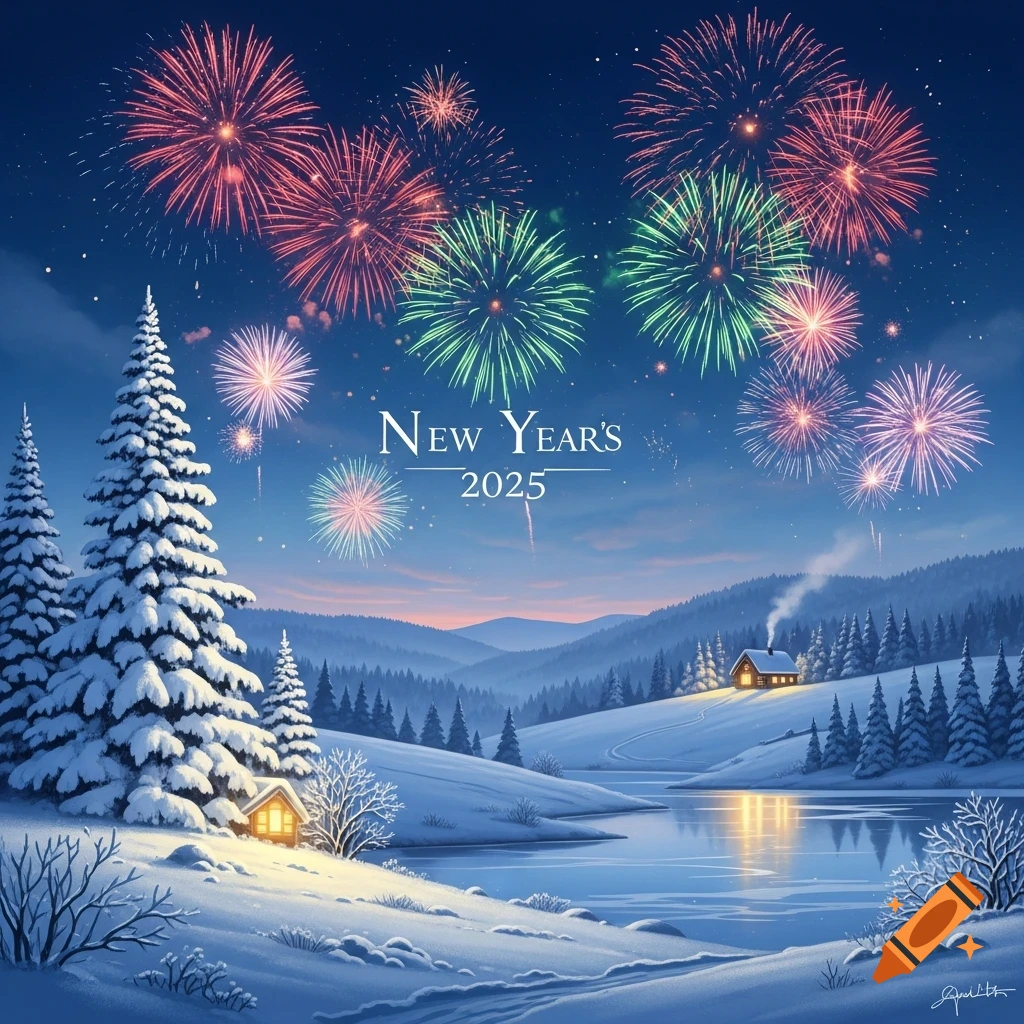 A serene winter landscape at night features snow-covered pine trees, a frozen lake reflecting lights, and a cozy cabin. Colorful fireworks light up the sky, with "New Year's 2025" visible among them.