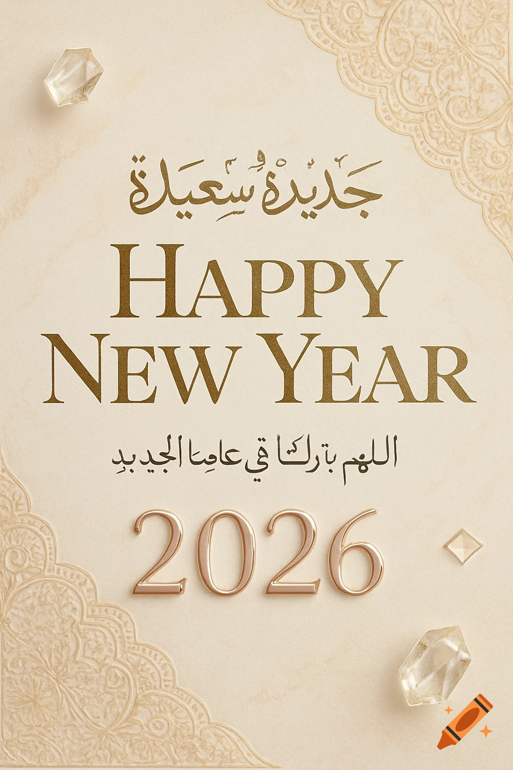 An elegant Happy New Year greeting card for 2026 with text in English and Arabic, on a cream background with decorative gold patterns and crystal accents.
