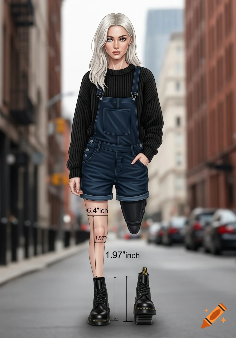 An illustration of a woman with blonde hair wearing dark overalls and a black sweater, standing on a city street. Measurements are drawn on her right leg and a prosthetic left leg, with a thick-soled boot shown separately.