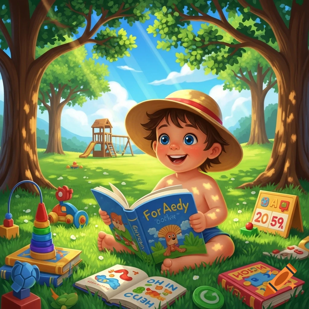 A happy cartoon child in a straw hat sits in a sunny park, reading an open book surrounded by colorful toys and other books, with a playground in the background.