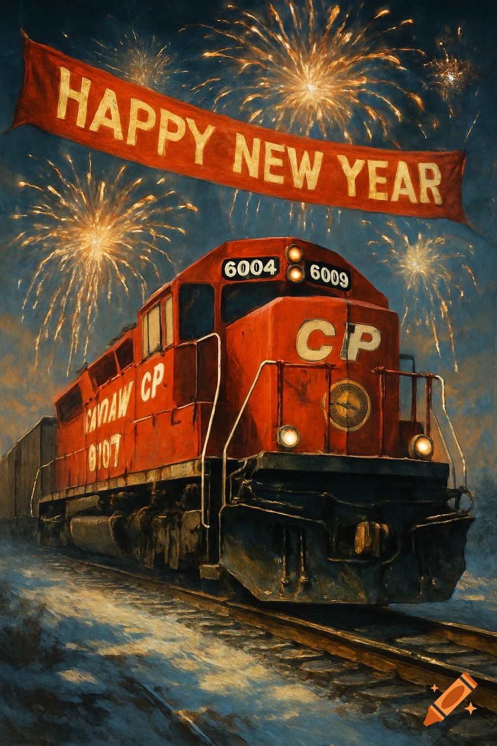 A red Canadian Pacific train travels through a snowy landscape beneath a 'HAPPY NEW YEAR' banner and fireworks in a painterly style.