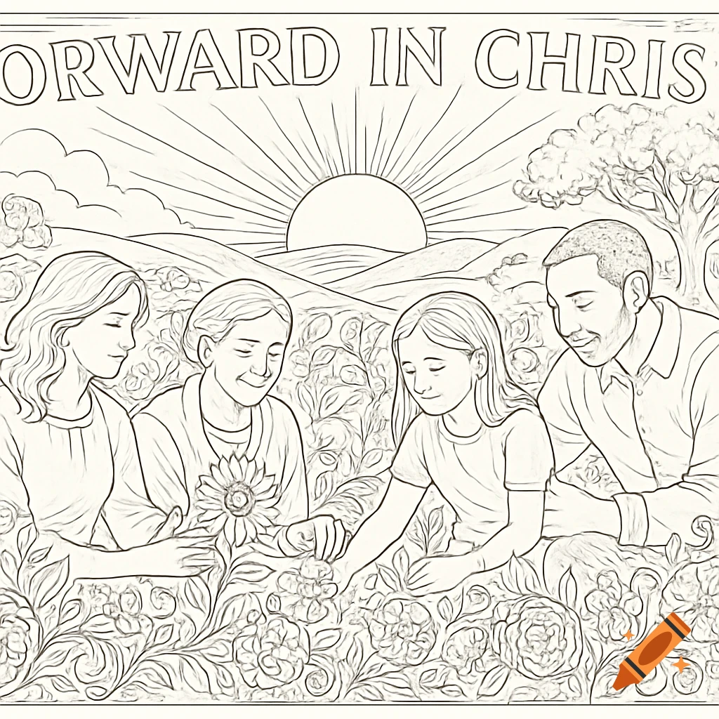 A line art coloring page features a family of four in a field of flowers, with the text 'FORWARD IN CHRIS' across the top and a sun rising over hills in the background.