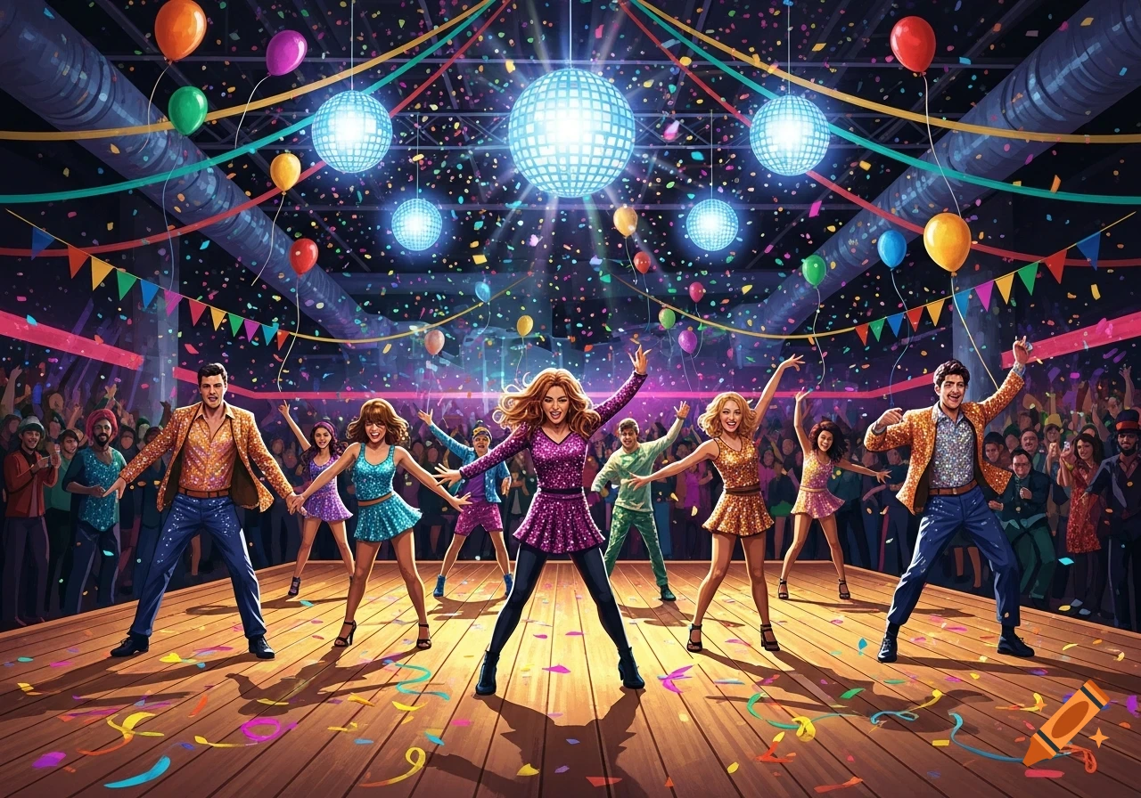 Lively disco party with people in shimmering outfits dancing on a stage, surrounded by confetti, disco balls, and balloons.