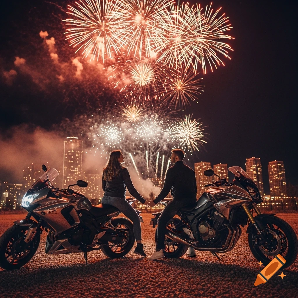 A couple on motorcycles holds hands, gazing at a spectacular fireworks display above a city skyline at night.