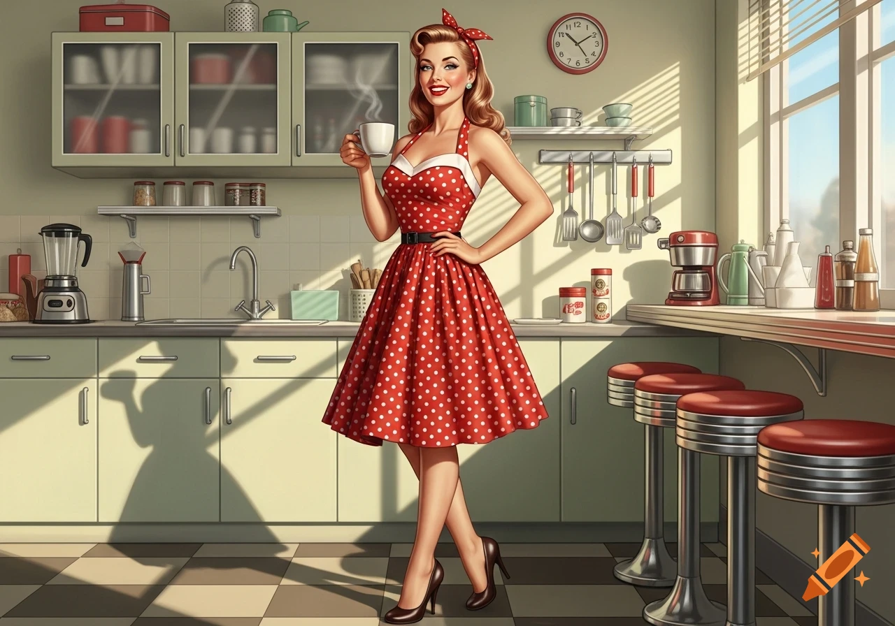 A smiling pin-up style woman in a red polka-dot dress poses in a retro kitchen, holding a steaming coffee cup.