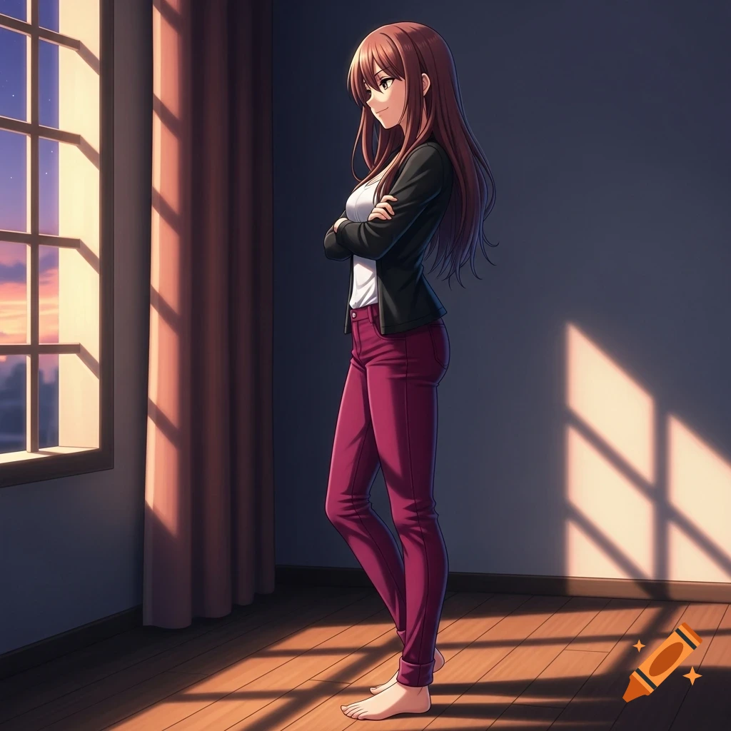An anime girl with long brown hair stands barefoot by a window, arms crossed, wearing a black jacket and magenta jeans.