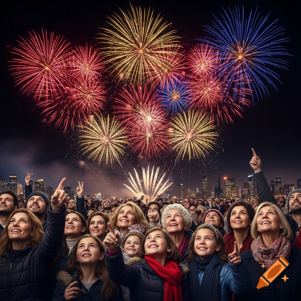 A crowd of people of mixed ages and ethnicities look up at colorful fireworks exploding over a city skyline at night.