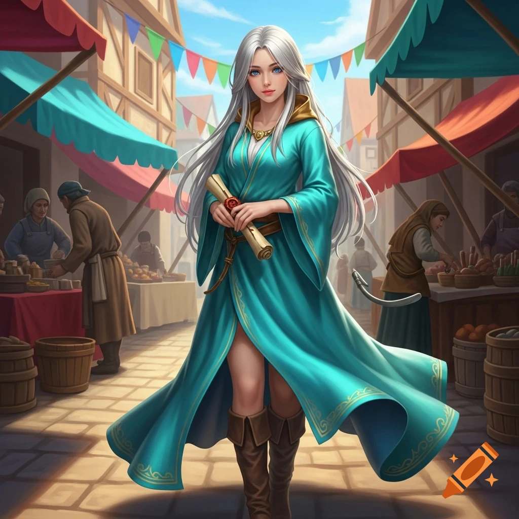 A young woman with long white hair and a turquoise silk robe holds a scroll in a bustling medieval marketplace, illustrated.
