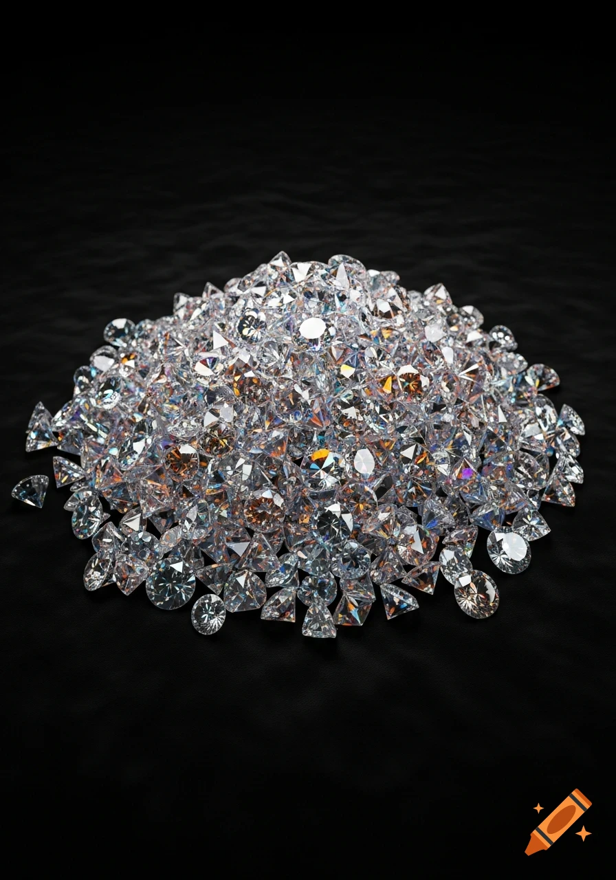 A large pile of sparkling, clear cut diamonds with colorful refractions resting on a dark, subtly textured surface.