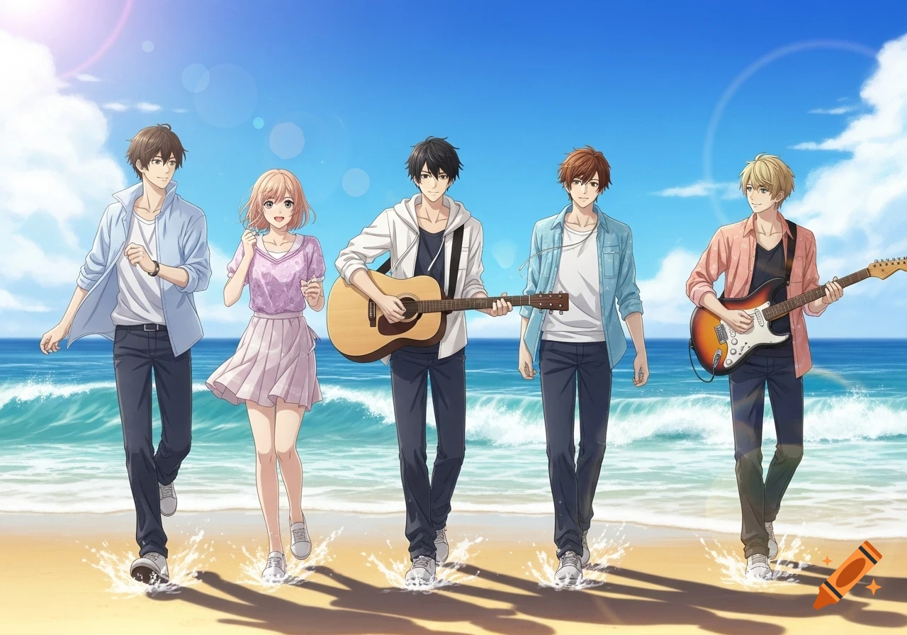 Five smiling anime characters, including a girl, walk along a sunlit beach. Two males play guitars as waves crash behind them.