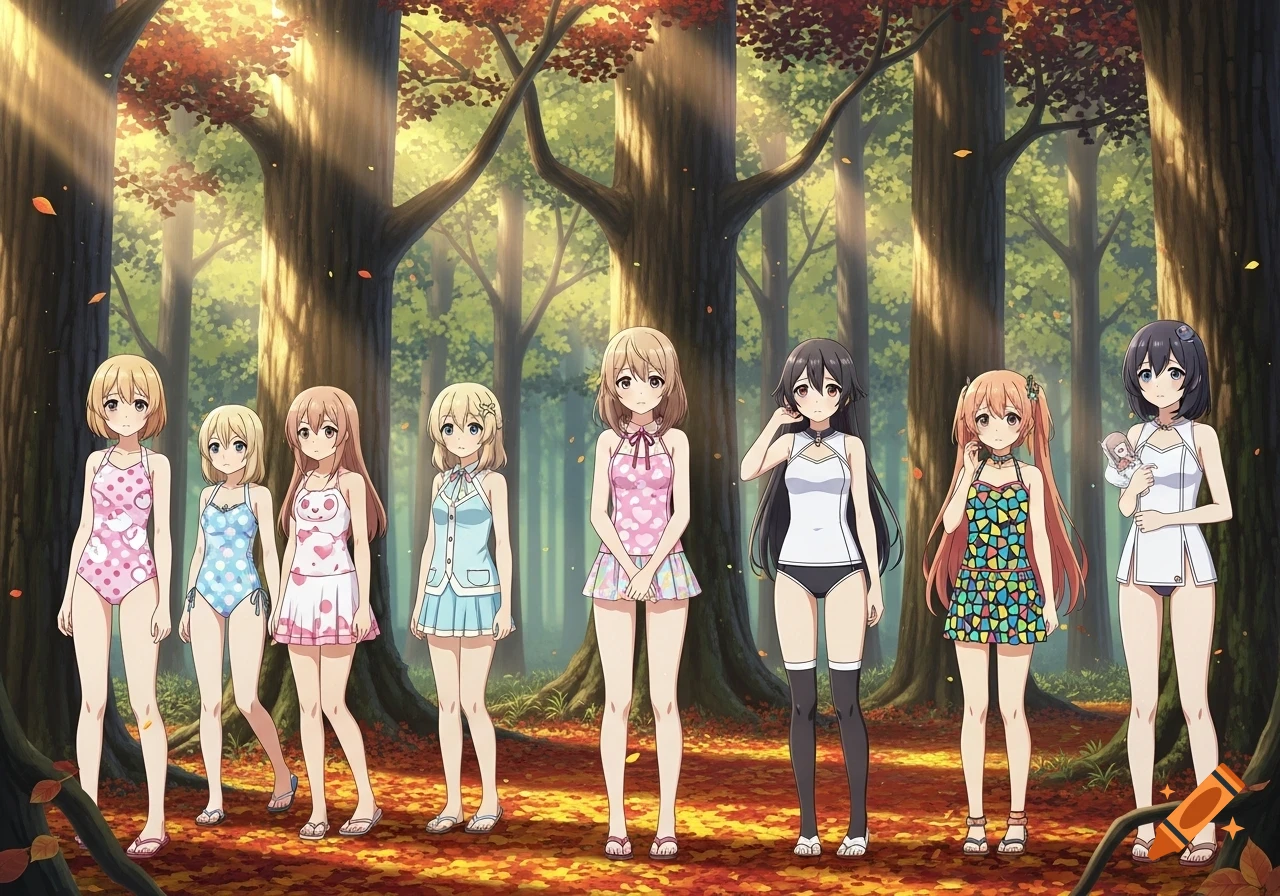 Eight anime girls in colorful swimsuits stand in an autumn forest with dappled sunlight.