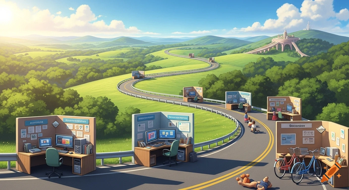A winding road in a lush green valley, with office cubicles and bicycles positioned along its path, leading to a fantastical castle on a distant hill, in a Studio Ghibli style.