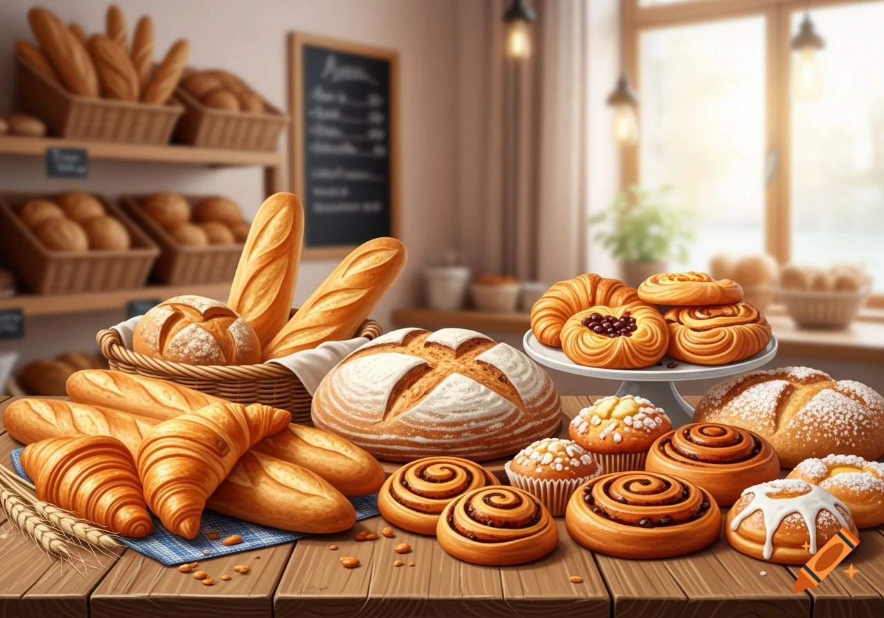 A photorealistic display of fresh bakery items including loaves of bread, croissants, muffins, and cinnamon rolls on a wooden table.