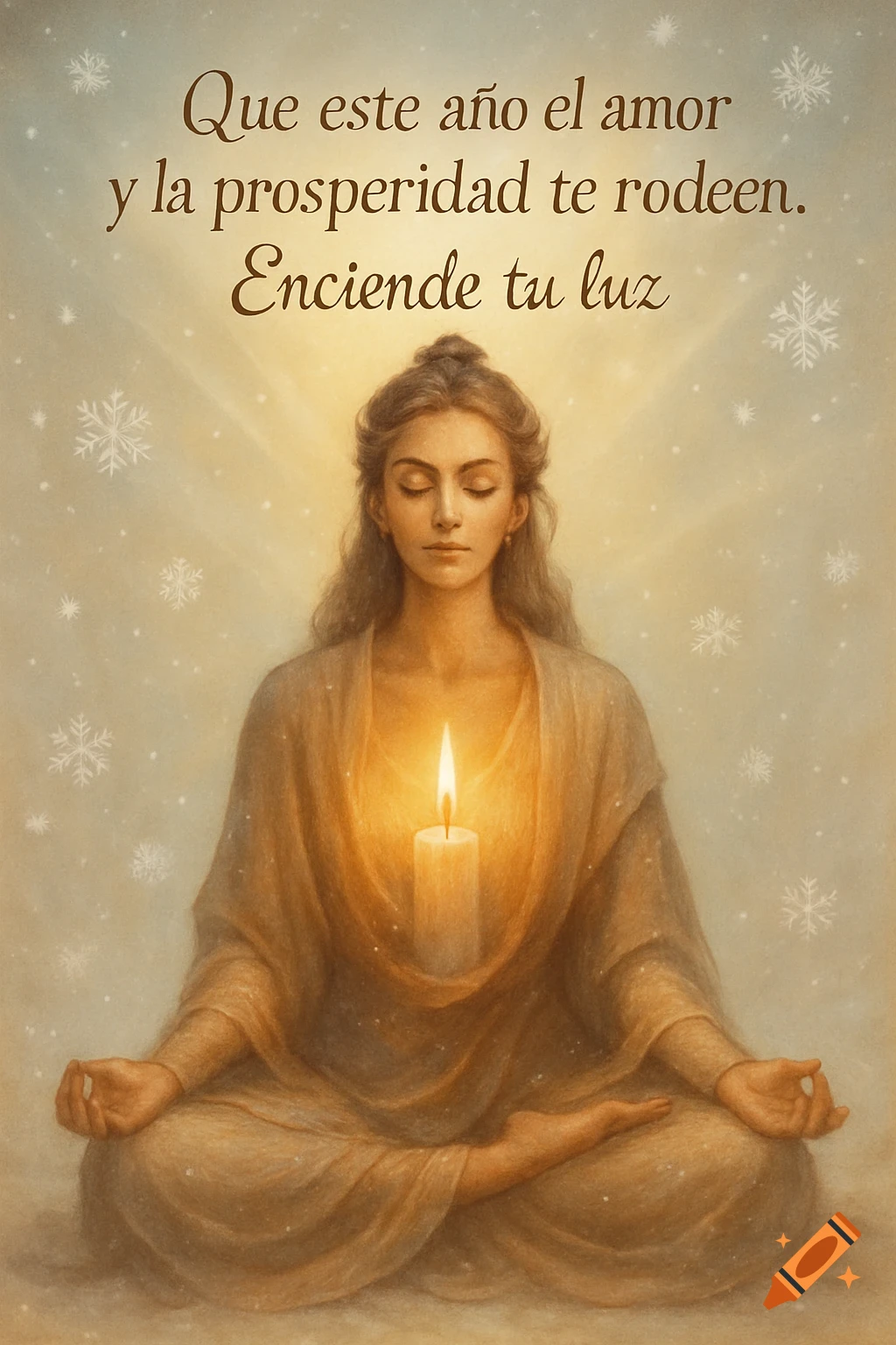 A serene woman with long hair in a meditative pose, a glowing candle centered on her chest, surrounded by falling snowflakes. Text reads, "Que este año el amor y la prosperidad te rodeen. Enciende tu luz" (May this year love and prosperity surround you. Light your flame).