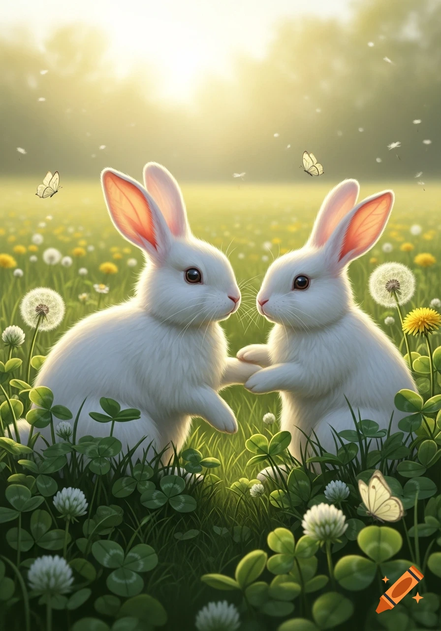 Two fluffy white rabbits stand face-to-face, touching paws in a sunny clover and dandelion field with butterflies.