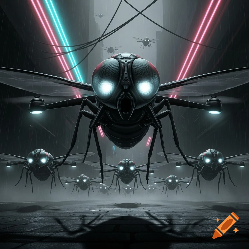A swarm of robotic fly-like drones with glowing eyes hovers in a dark, rainy, neon-lit sci-fi city street.