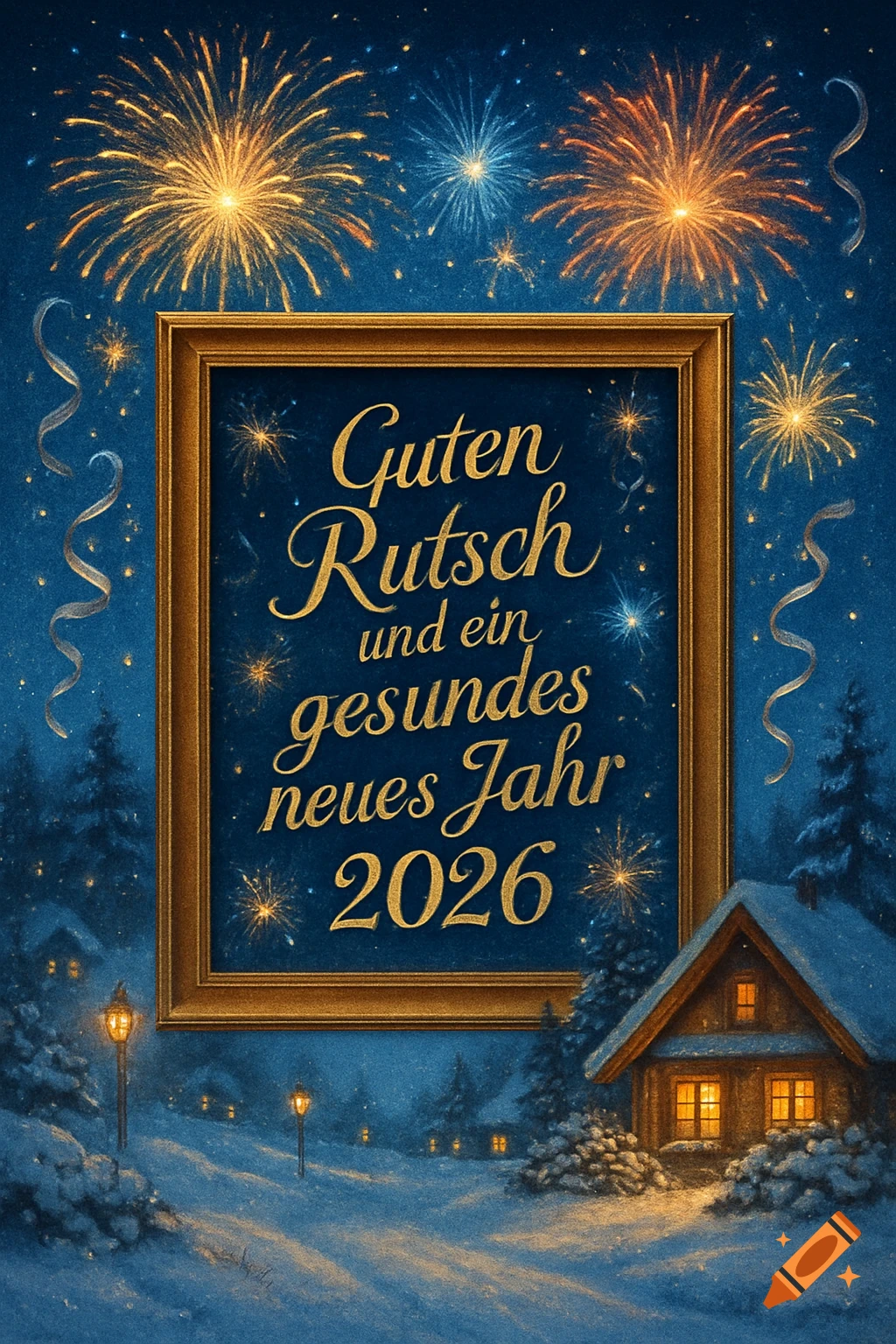 New Year's greeting card with 'Guten Rutsch und ein gesundes neues Jahr 2026' in a golden frame, snowy cabin scene, fireworks.
