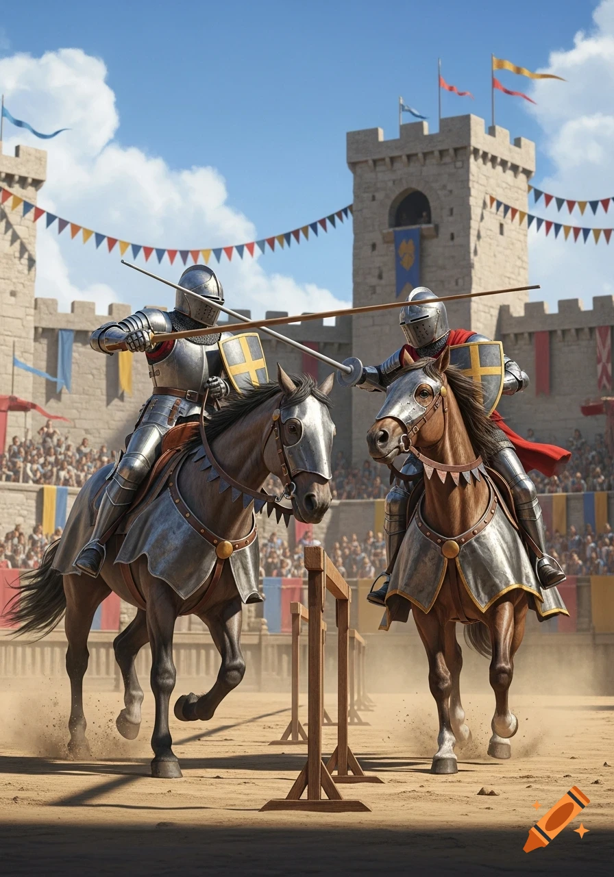 Two knights in shining armor jousting on horseback, each holding a lance, in a medieval tournament arena with castle walls and banners.