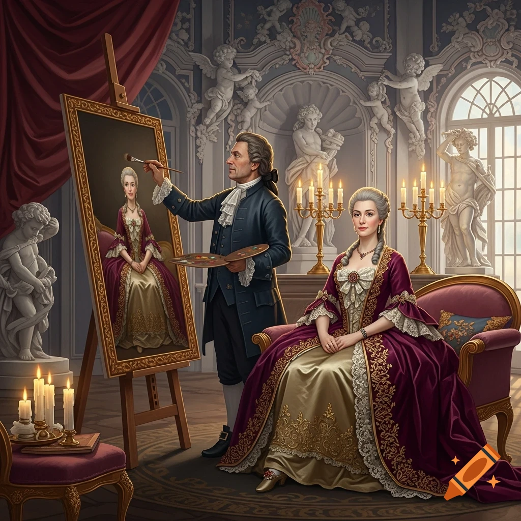 An 18th-century artist in a baroque room paints a portrait of a noblewoman dressed in a luxurious purple and gold gown.