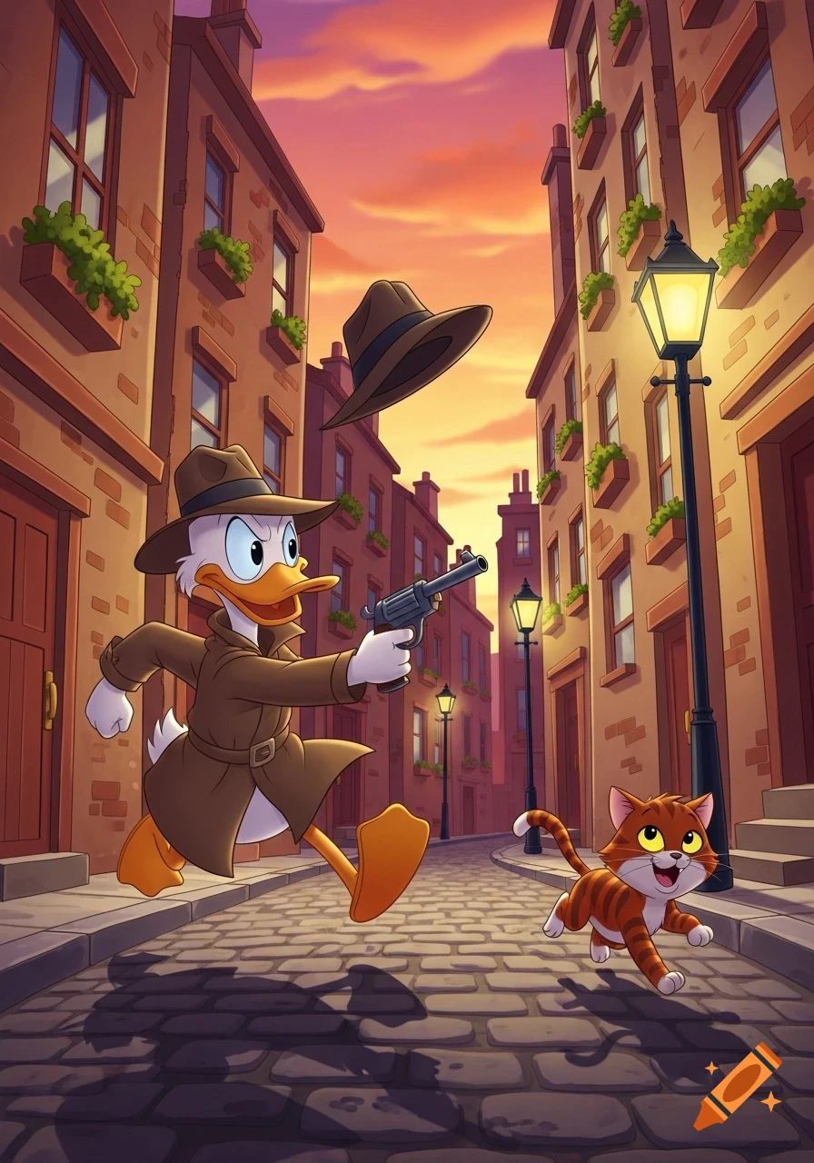 A cartoon duck detective in a trench coat and hat runs down a cobblestone street, holding a pistol and chasing a small cat at sunset.