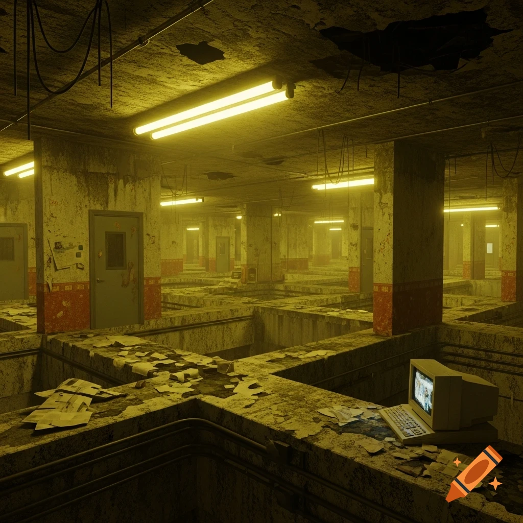 An eerie, yellow-lit maze of decaying concrete walls and platforms, littered with papers, featuring an old computer monitor.