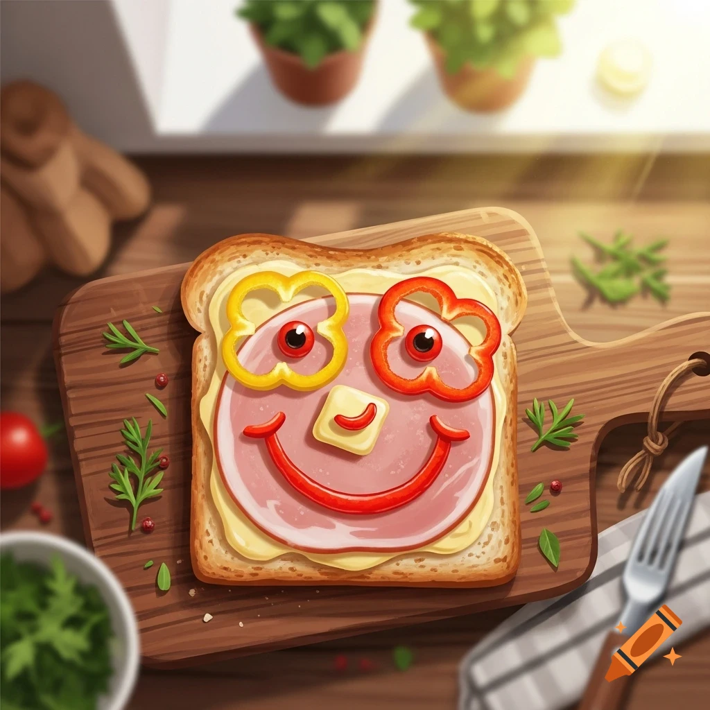 A cheerful slice of toast topped with ham and colorful bell peppers arranged to look like a smiling face, on a wooden cutting board with herbs.