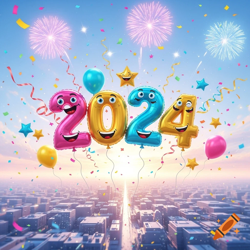 Colorful 2024 balloons with smiling faces, confetti, and fireworks illuminate a city skyline at sunset.