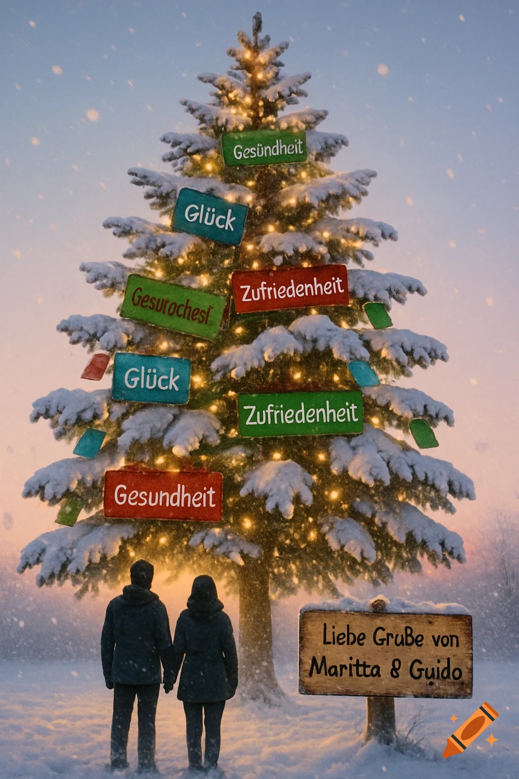 A couple holding hands looks at a snow-covered Christmas tree with lights and wish cards in a winter sunrise scene, a wooden sign beside them.