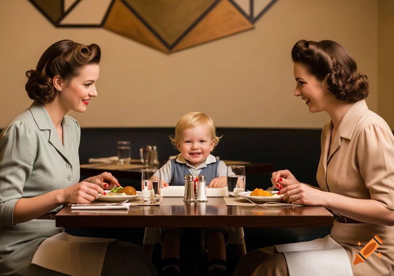 Two smiling women and a toddler in a highchair sit at a table in a restaurant, styled with 1940s fashion.