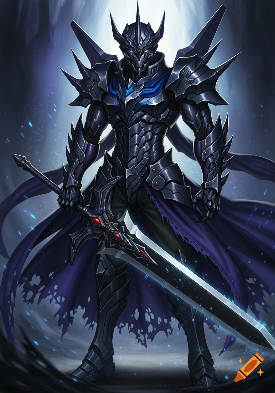 A dark fantasy knight in spiky black armor with blue accents stands holding a massive sword against a glowing blue background, in an anime art style.