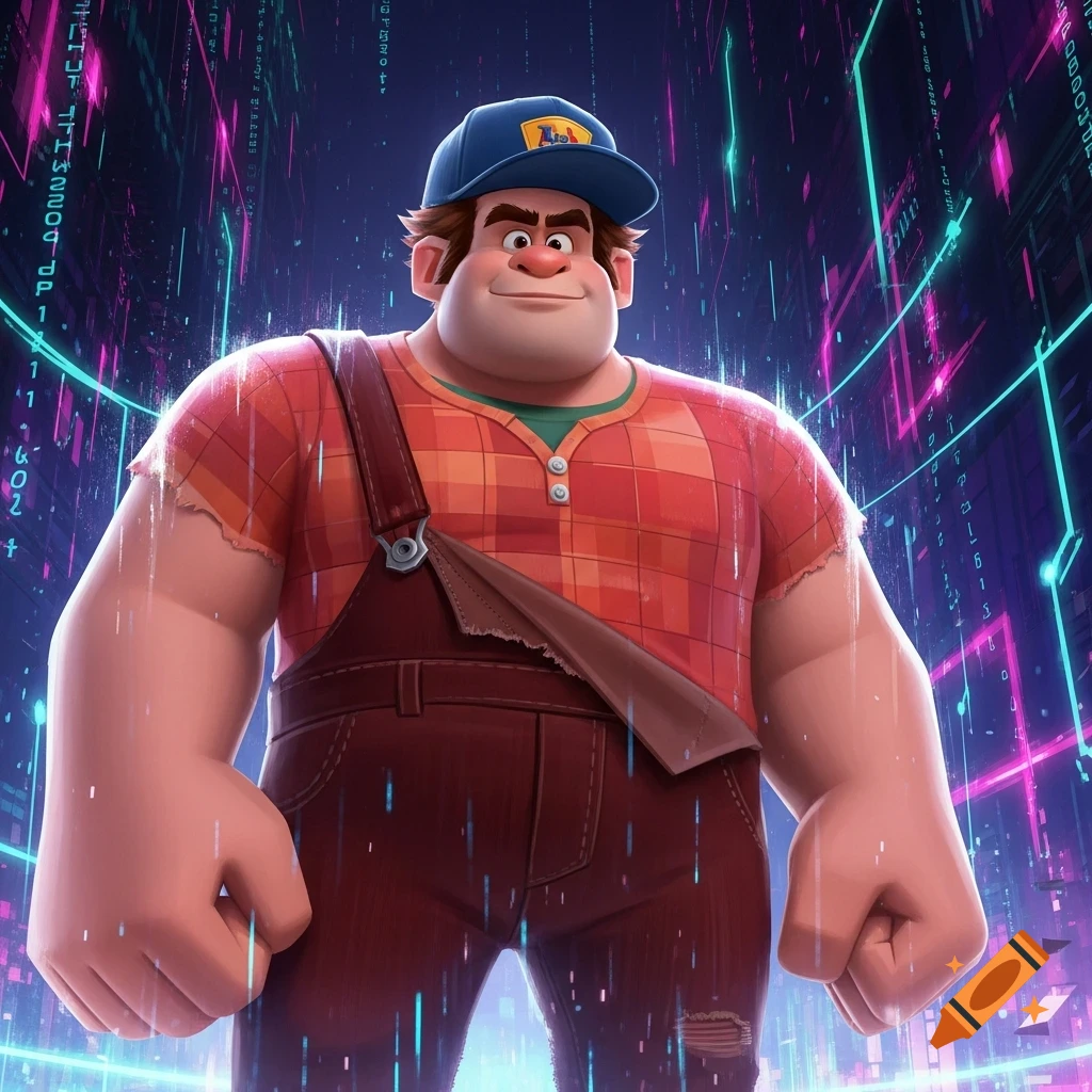 Wreck-It Ralph wearing a blue cap and plaid shirt, standing confidently ...