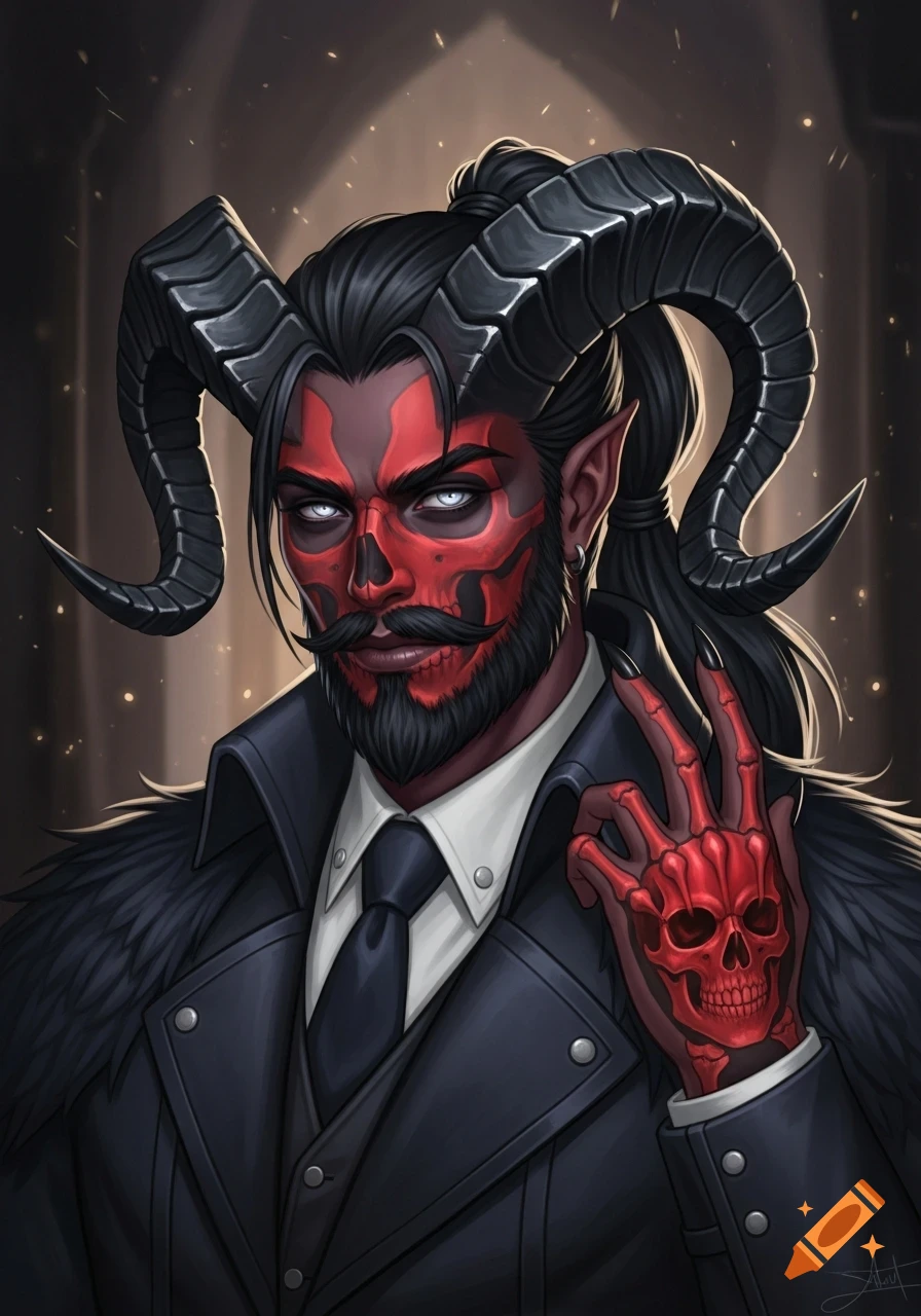Digital art portrait of a handsome Tiefling man with red skull-like face markings, black horns, beard, and a red skeleton hand tattoo, wearing a black suit.