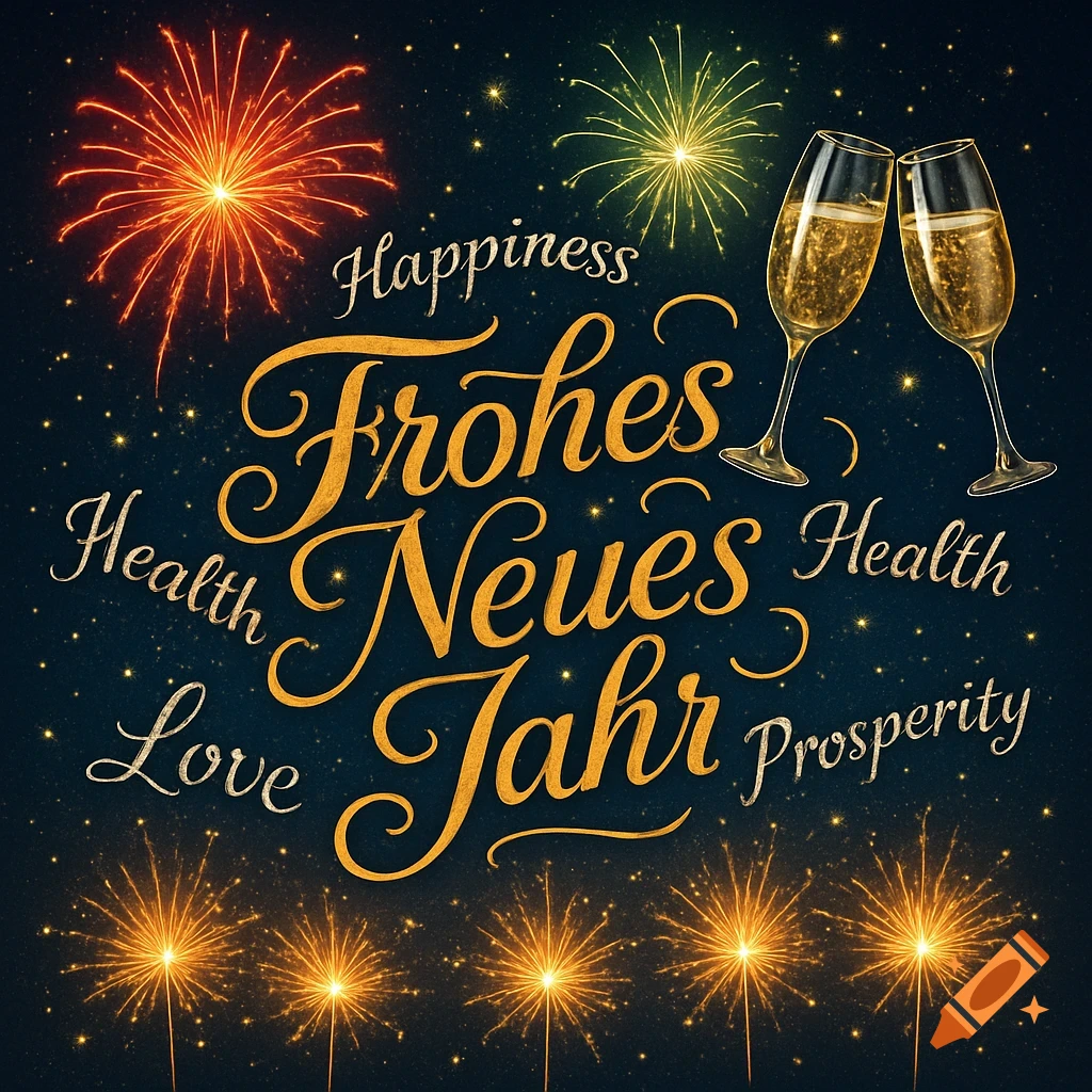 Festive New Year greeting with 'Frohes Neues Jahr' text, English wishes, fireworks, and clinking champagne glasses on a dark background.