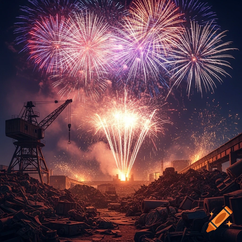 Vibrant fireworks explode over a dark industrial junkyard filled with scrap metal and a large crane, photorealistic.