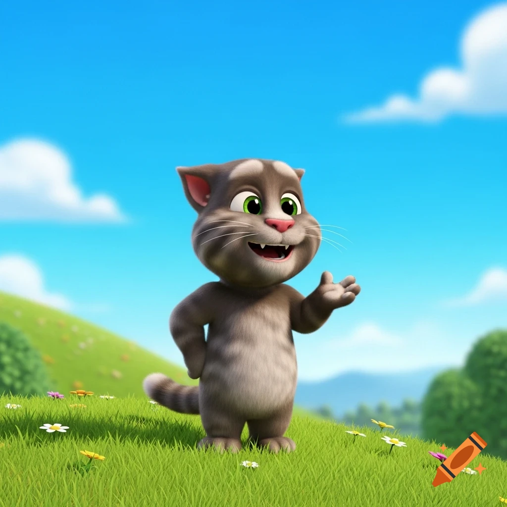 Talking Tom, a smiling gray animated cat with green eyes, waves in a sunny green field under a blue sky.