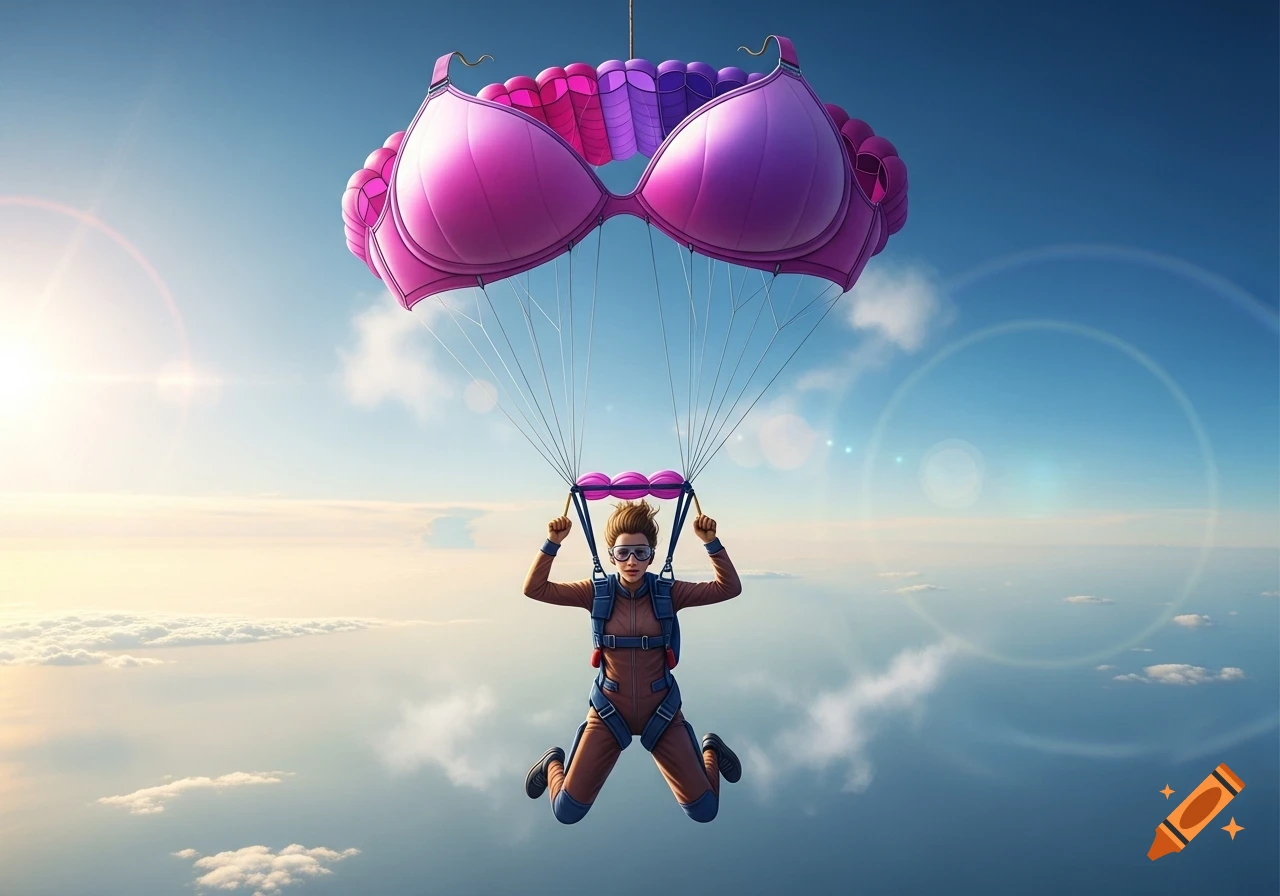 A woman in a skydiver suit descends with a large pink and purple bra-shaped parachute against a blue sky.