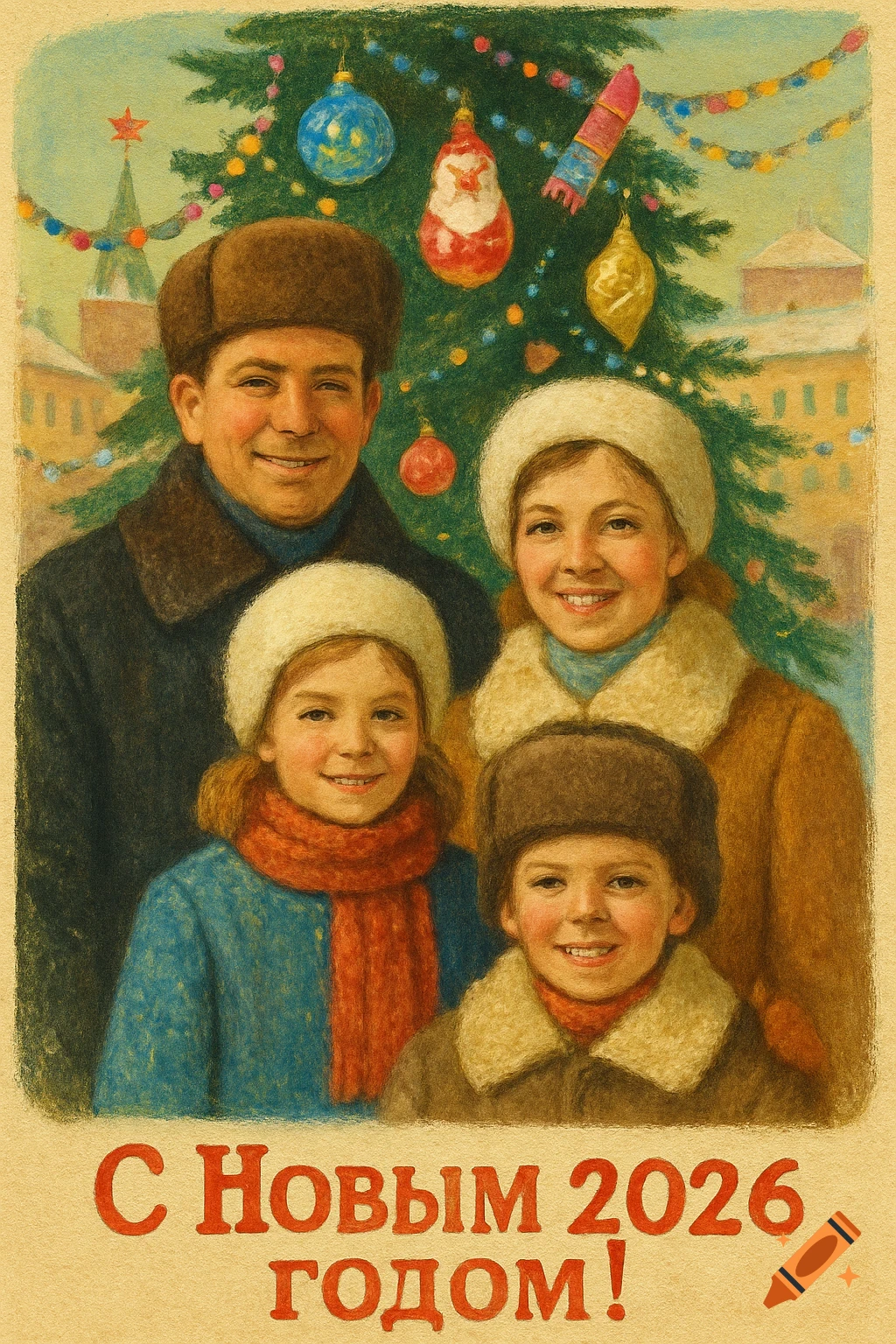 Vintage Soviet-style illustration of a smiling family in winter clothes by a decorated New Year tree, with text "Happy New Year 2026!"