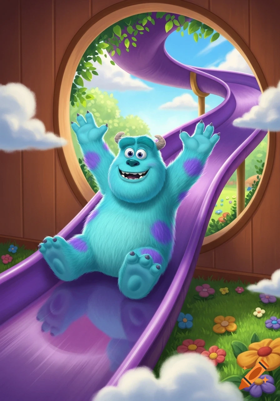 Sully, the blue monster, gleefully slides down a purple slide from a circular window into a vibrant, flower-filled backyard.