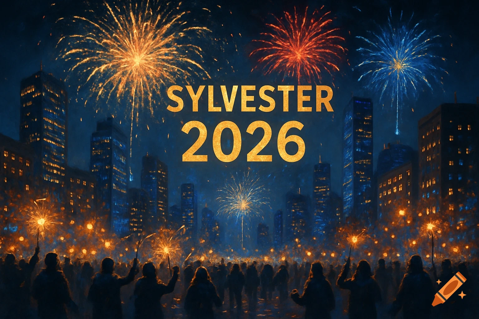 Fireworks explode over a city skyline at night, with a crowd holding sparklers and 'SYLVESTER 2026' text.