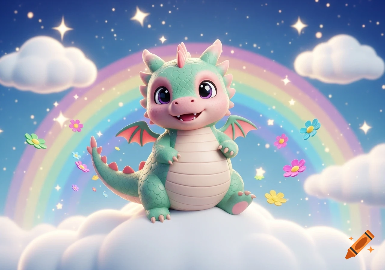 A cute green baby dragon with pink accents sits on a fluffy cloud, with a vibrant rainbow, stars, and colorful flowers in the background, rendered in a 3D cartoon style.