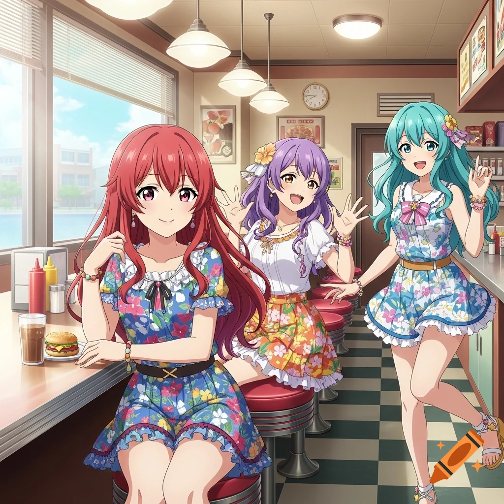 Three smiling anime girls in summer outfits at a retro diner, one with red hair, one with purple, and one with teal.