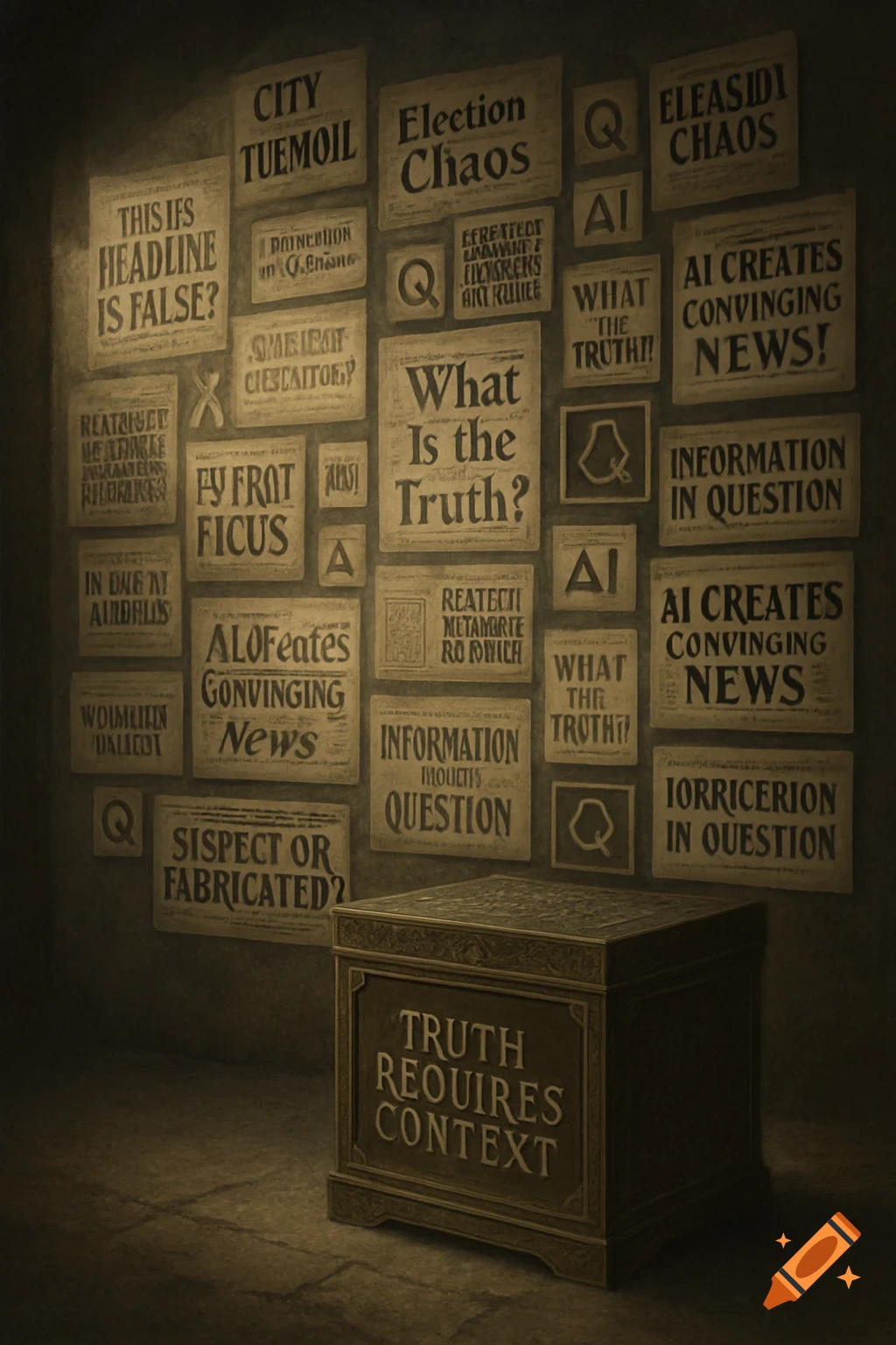 A dark room with a wall covered in various newspaper headlines, some legible, some garbled. In the foreground is a dark wooden box labeled "TRUTH REQUIRES CONTEXT".