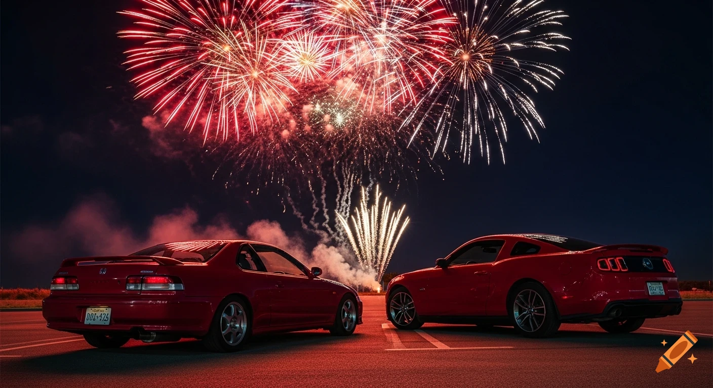 Two red cars, a Honda Prelude and a Ford Mustang, parked side-by-side at night under a grand fireworks display, photorealistic.