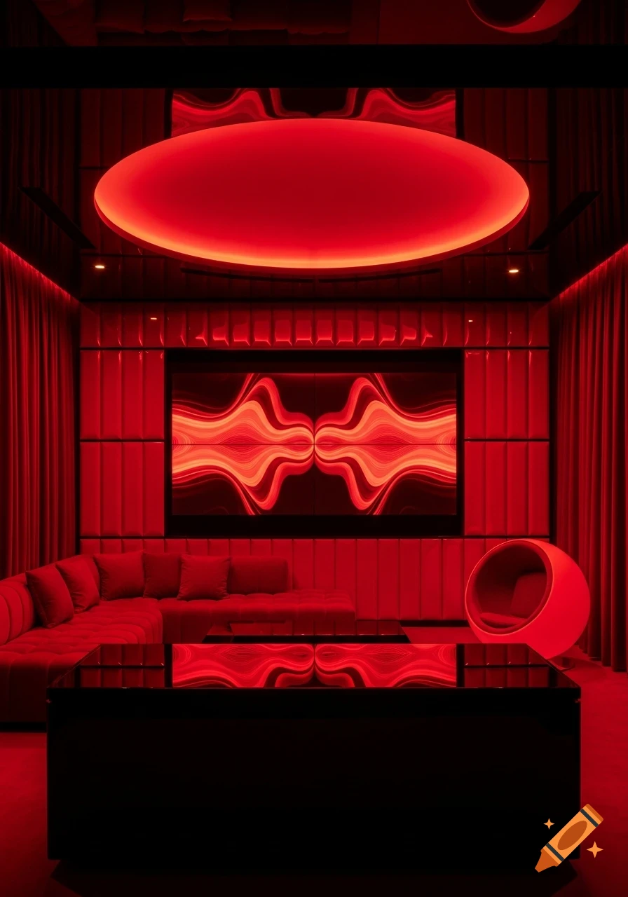 A modern, minimalist lounge room bathed in red light, featuring a black reflective table, red velvet sofa, and a screen with abstract red waves.