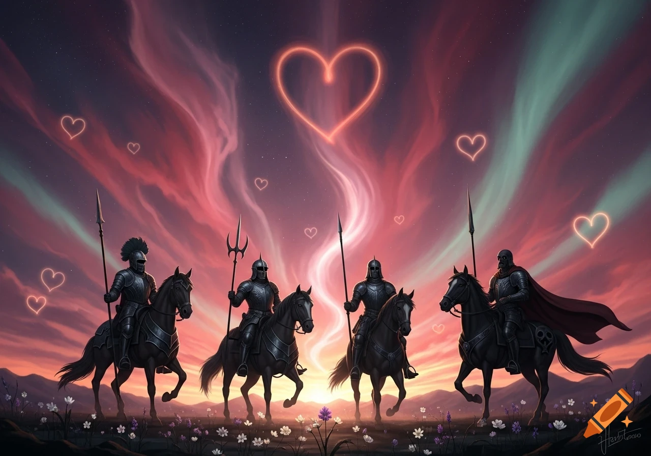 Four armored knights on horseback against a colorful twilight sky with glowing hearts and aurora patterns above a field of flowers.