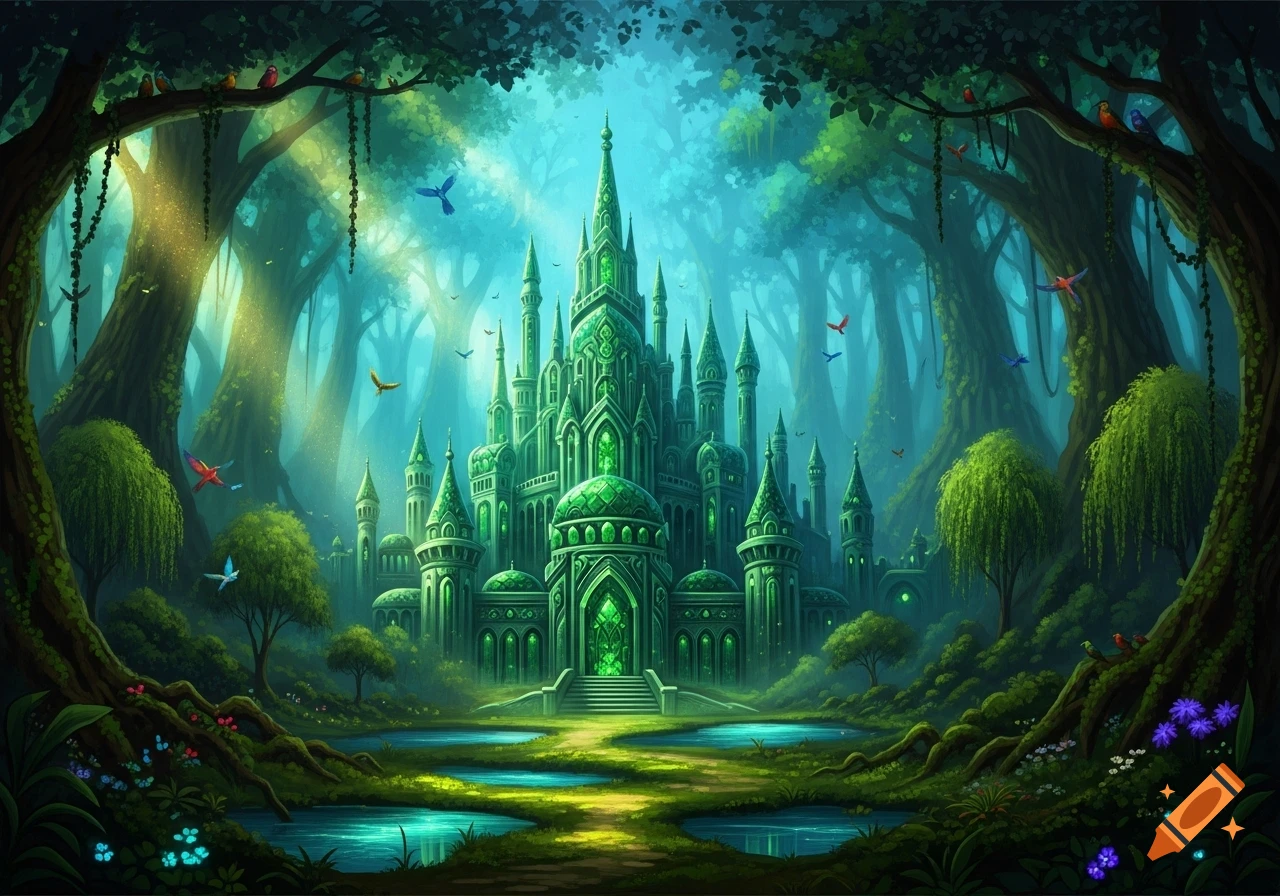 A vibrant, emerald green fantasy castle with spires and domes stands in a lush, ancient forest with glowing pools and colorful birds.