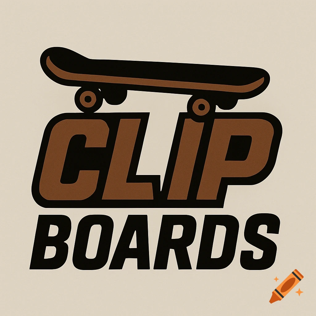 Logo with a black and brown skateboard above the words 'CLIP BOARDS' on a light background, in a bold graphic style.