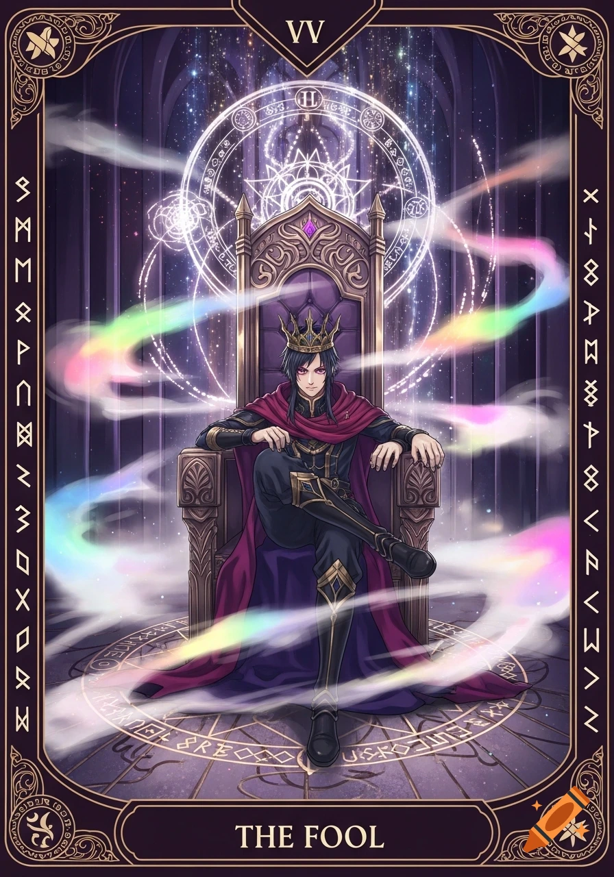 Anime-style tarot card depicting The Fool, a dark-haired character in a crown and regal attire, sitting on a throne.