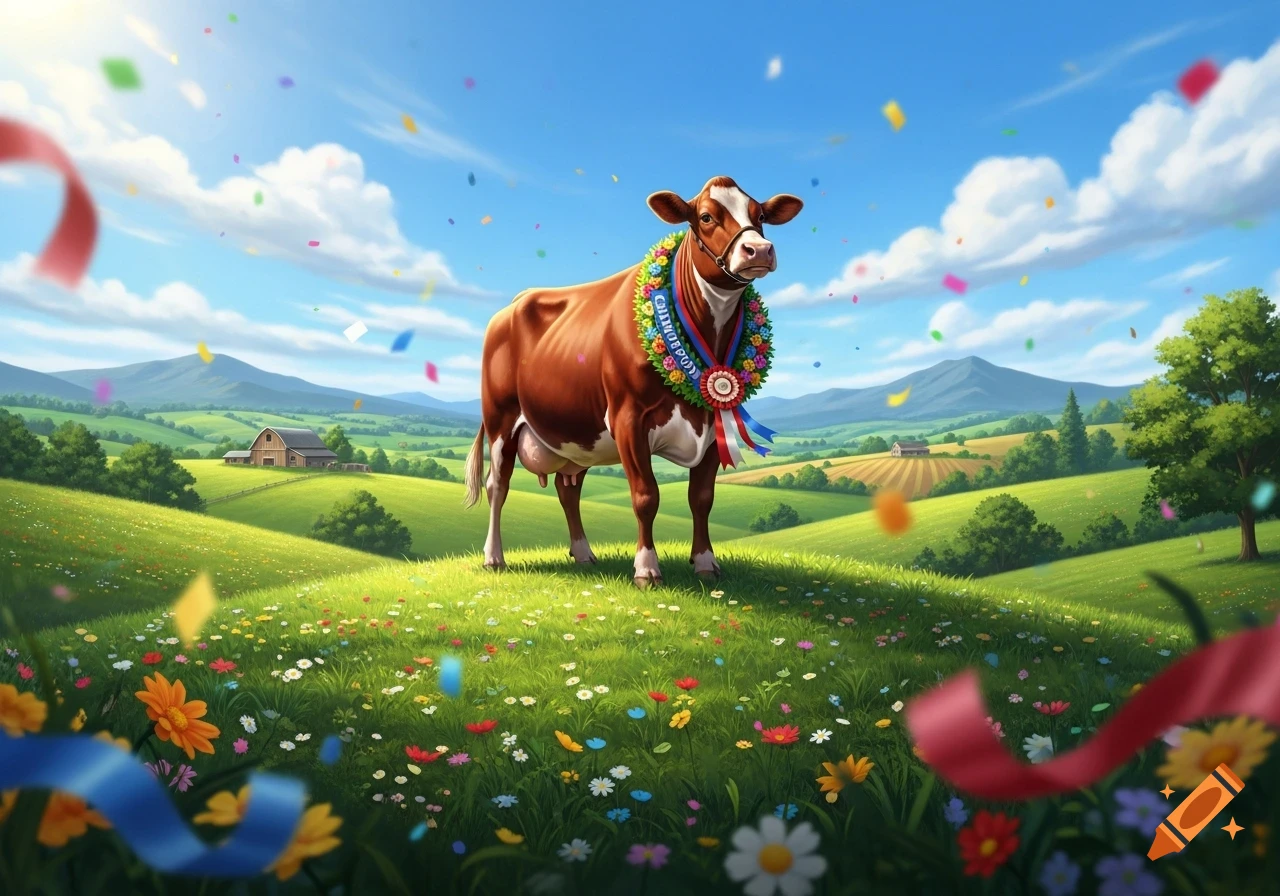 A brown and white cow wearing a colorful ribbon wreath stands in a vibrant green meadow with wildflowers and falling confetti under a blue sky.